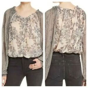 FREE People Hendrix Blouse boho mixed print sheer long sleeve tassel tie small